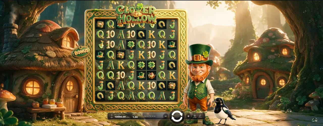 Clover Hollow, a slot made with GameBridge Studios: a leprechaun and a magpie beside a seven-by-seven grid of clovers and card symbols between thatched cottages