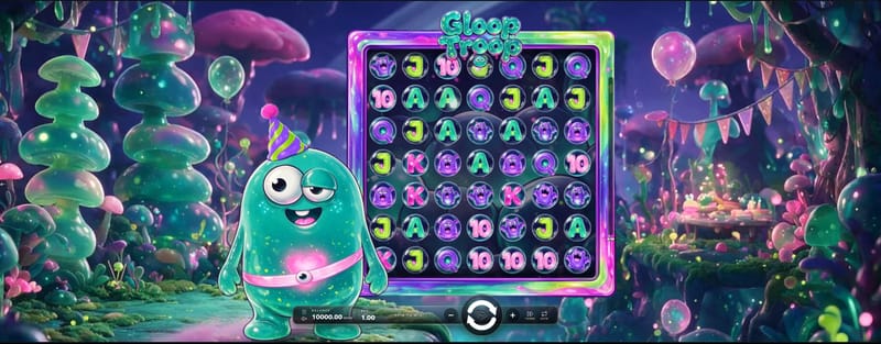 Gloop Troop, a slot made with GameBridge Studios: a one-eyed teal slime in a party hat next to a seven-by-seven grid of glossy letter gems in a mushroom forest