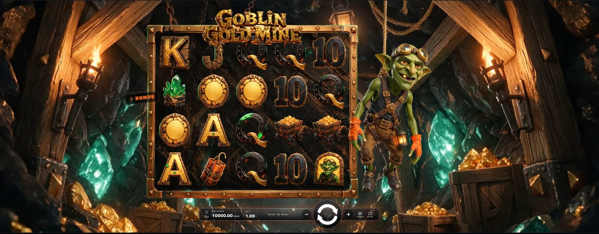 Goblin Gold Mine, a slot made with GameBridge Studios: a grinning goblin with a pickaxe beside timber-framed reels of gold nuggets and card symbols inside a torch-lit mine