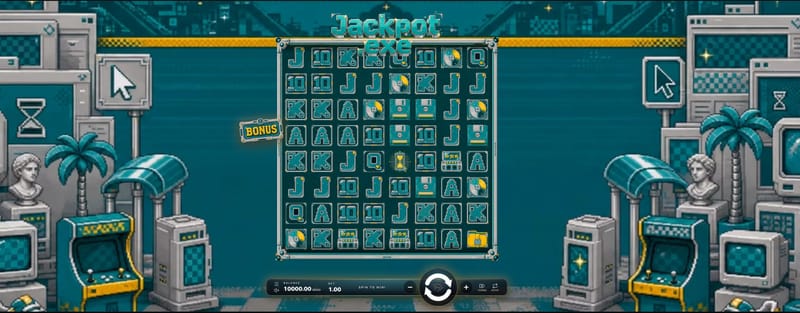 Jackpot.exe, a slot made with GameBridge Studios: a pixel-art desktop with arcade cabinets and a large grid of chunky pixel symbols in teal and yellow