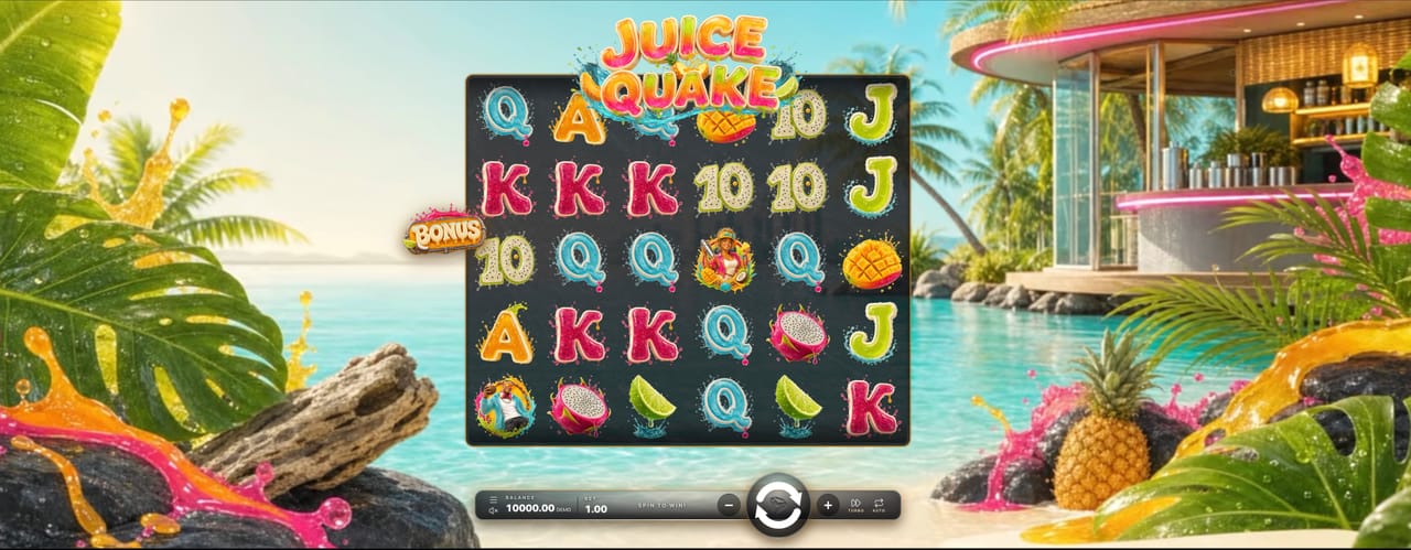 Juice Quake, a slot made with GameBridge Studios: fruit and letter symbols on a five-by-four reel set in front of a beach juice bar, with a bonus symbol on the reels
