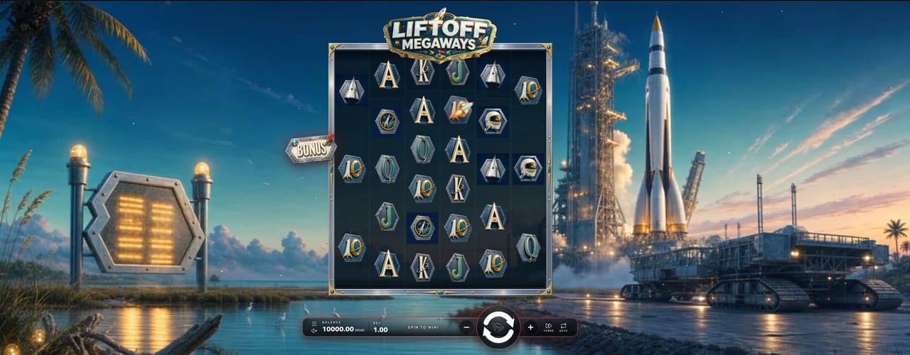 Liftoff Megaways, a slot made with GameBridge Studios: dynamic reels of hexagon symbols beside a rocket on a coastal launch pad at dusk