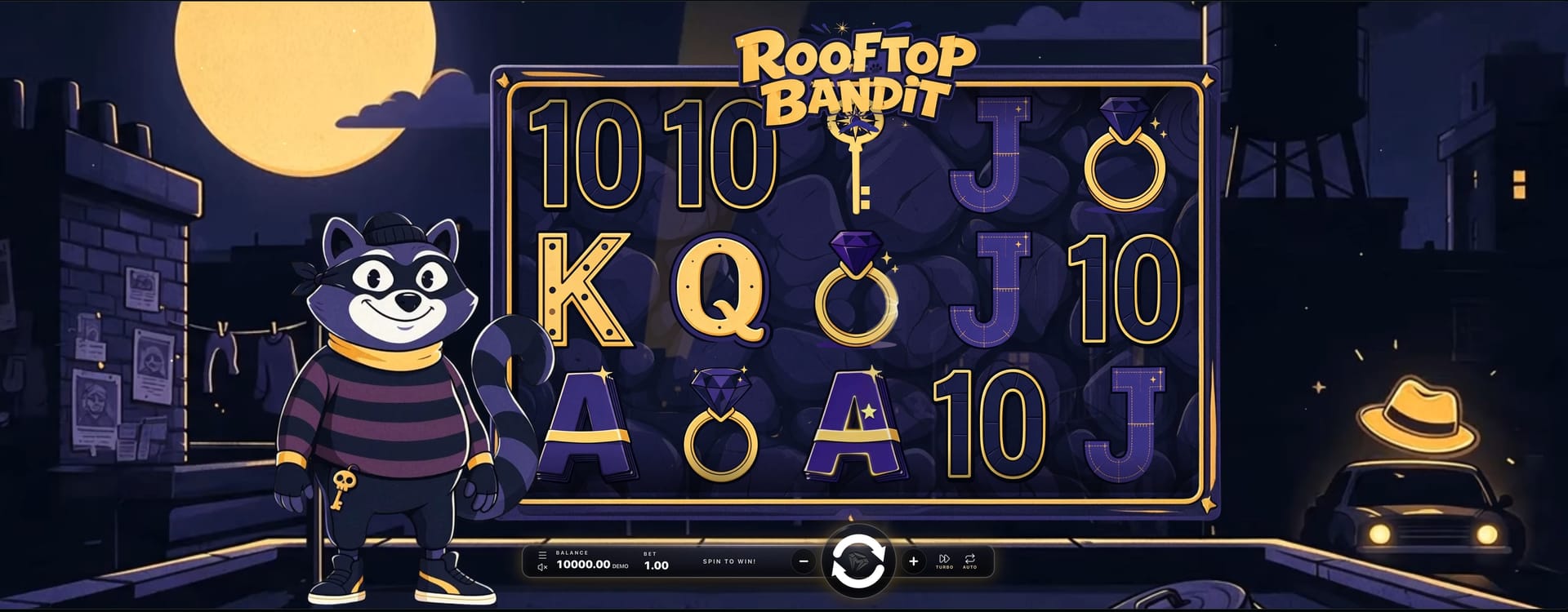 Rooftop Bandit, a slot made with GameBridge Studios: a striped cat burglar beside purple reels of card symbols, rings and a crowbar, on a moonlit rooftop above a city street