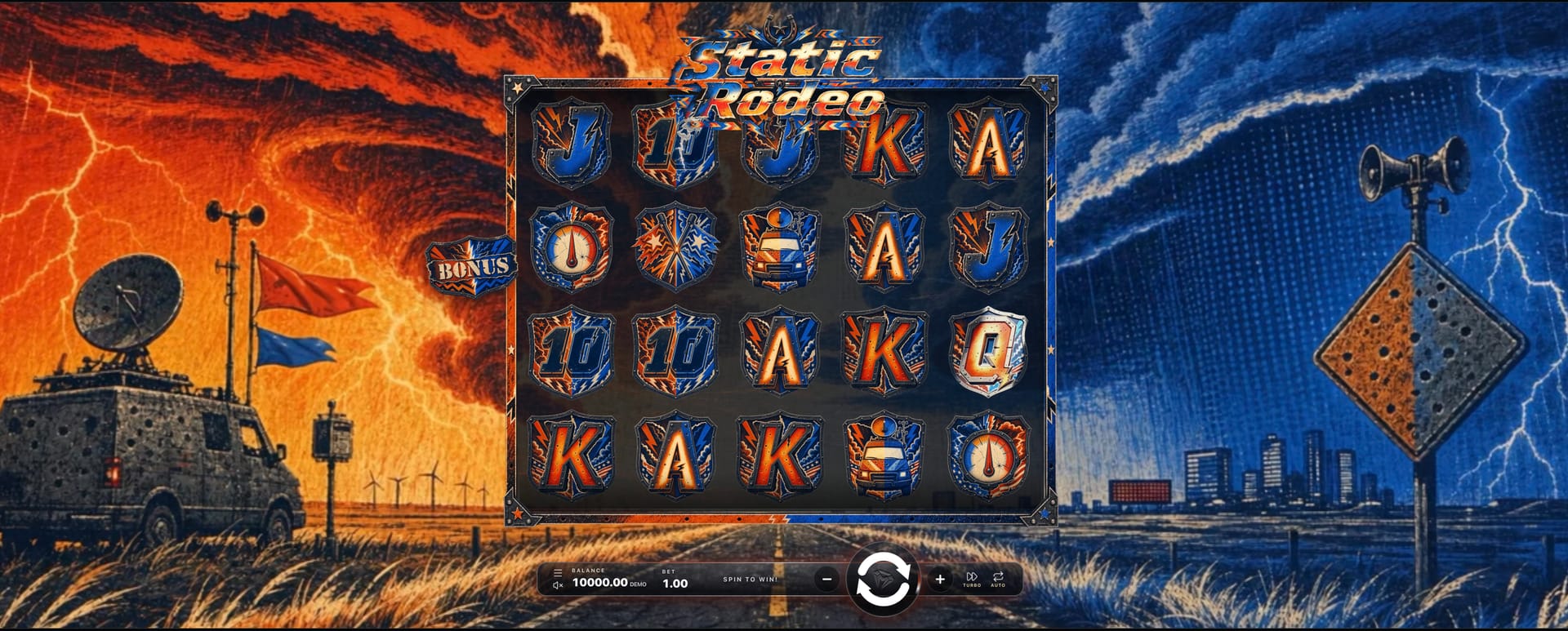 Static Rodeo, a slot made with GameBridge Studios: lightning-charged symbols on a five-by-four reel set between an orange storm and a blue one
